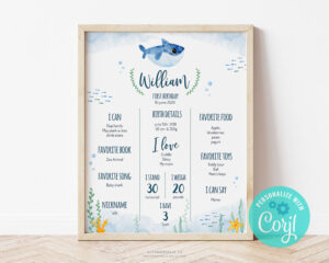 baby shark milestone sign and card for birthday party