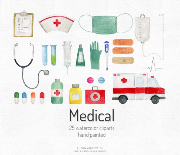 watercolor clipart set with medical instruments