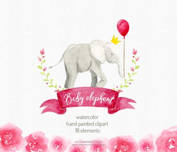 elephant with pink balloon watercolor clipart