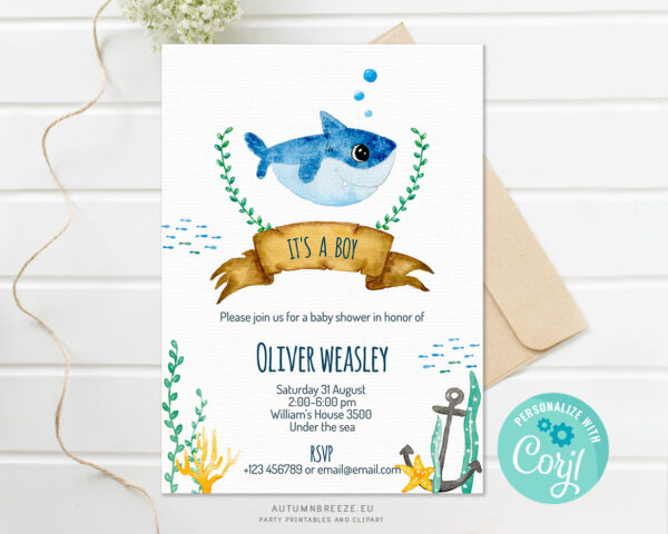 Baby shower invitation template with baby shark