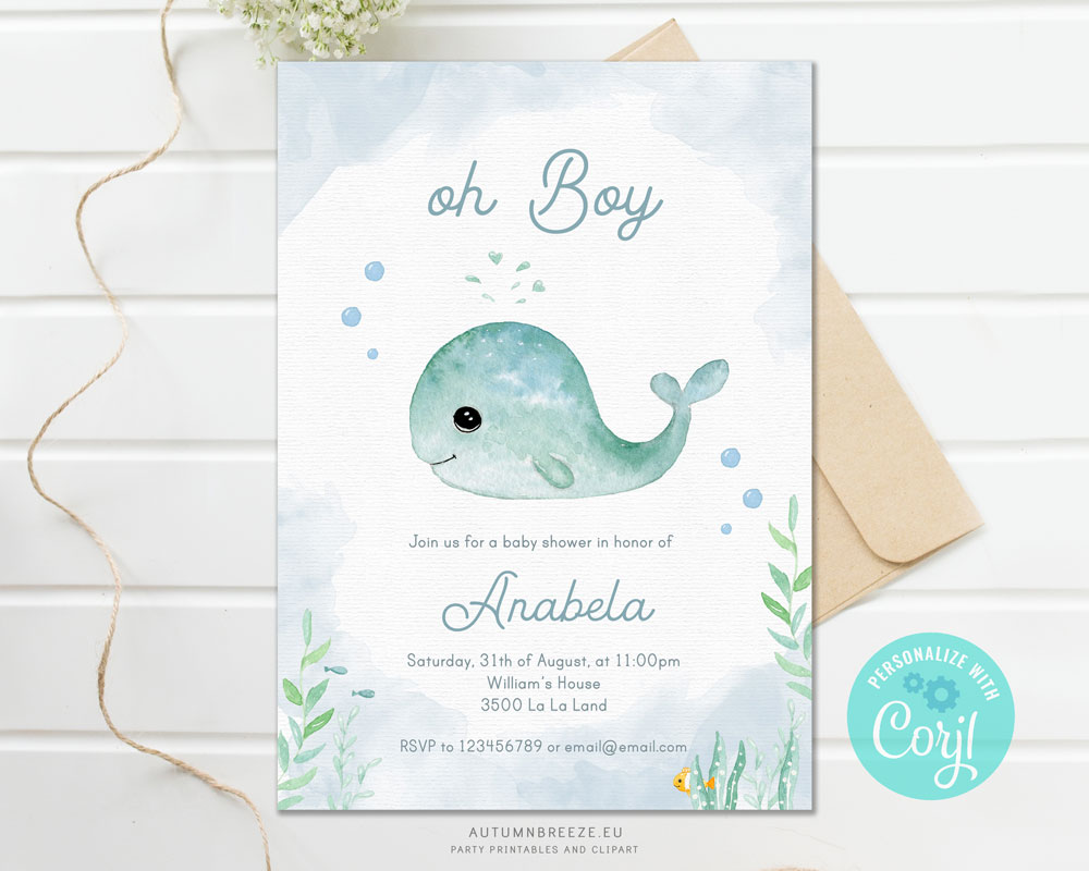 printable baby shower invitation with lovely baby whale