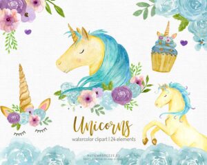 blue unicorn watercolor clipart set