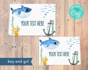 two editable place cards wit girl and boy baby shark
