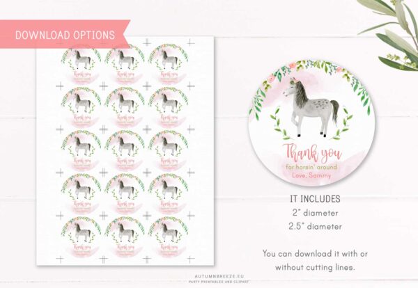 Horse theme thank you tag for birthday party decoration