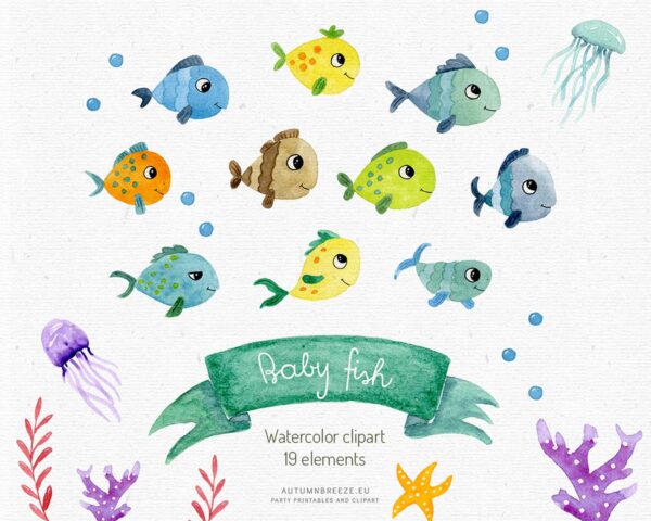 watercolor fish clipart, under the sea, watercolor clipart