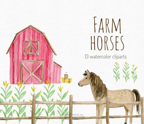 watercolor horse with barn and fence