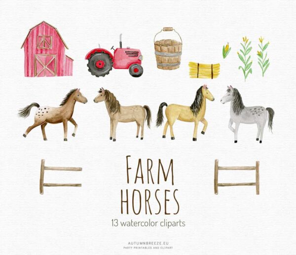 watercolor clipart set with farm elements and horses