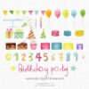 watercolor clip art set with birthday party elements