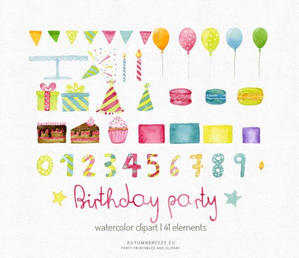 watercolor clip art set with birthday party elements