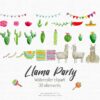 watercolor handpainted fiesta elements as llamas, cactus and maracas
