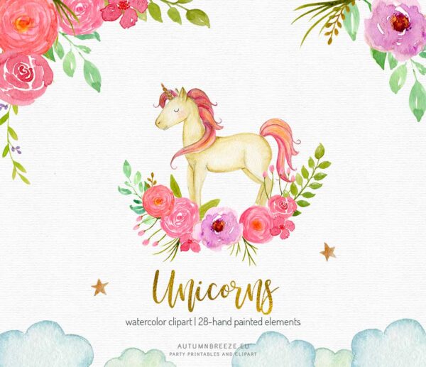 lovely unicorn watercolor clipart