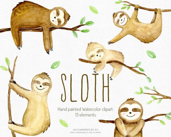 sleepy sloths watercolor clipart