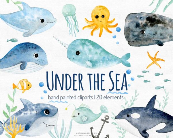 under the sea animals watercolor clipart