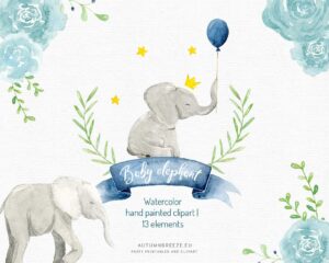 watercolor clipart with baby elephant boy