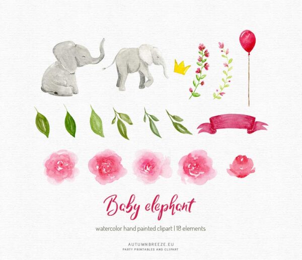 baby elephant watercolor clipart set