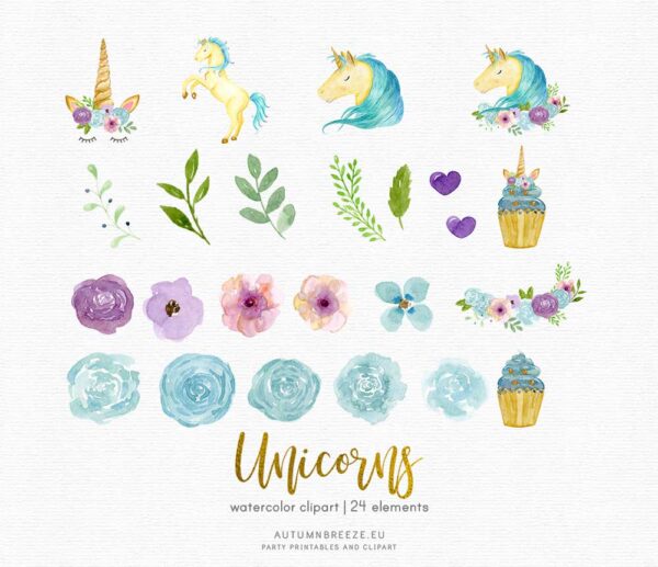 watercolor clipart set unicorn