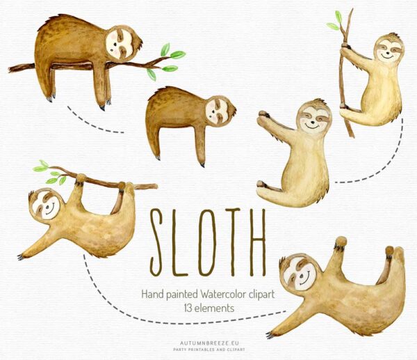 watercolor clipart with sleepy sloths