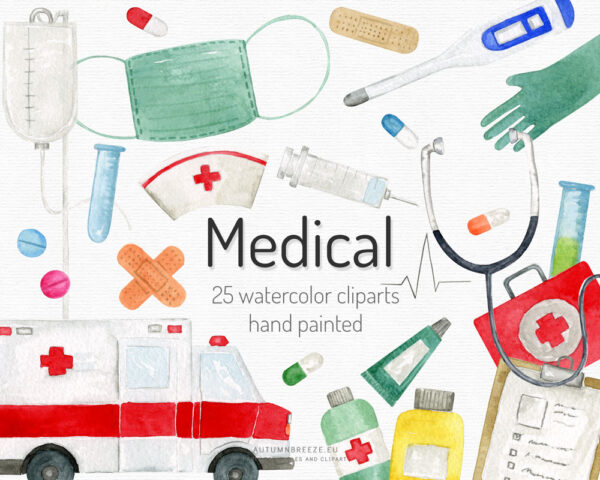 watercolor clipart set with medical instruments