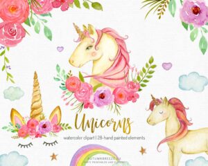 watercolor pink unicorn clipart