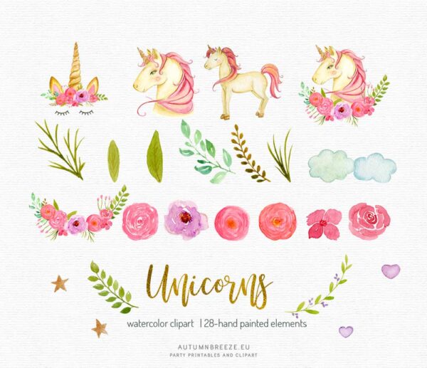 watercolor pink unicorn clipart set