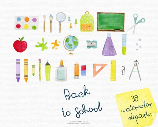 watercolor clipart school objects painted by hand