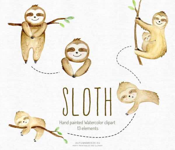 watercolor sloths clip art set