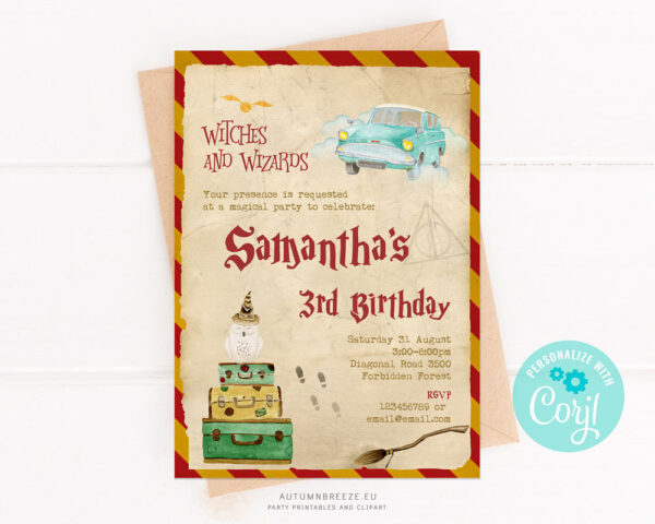 Birthday invitation for magic school theme party with cute owl, and magical elements