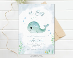 baby shower invitation with a cute baby whale painted by hand