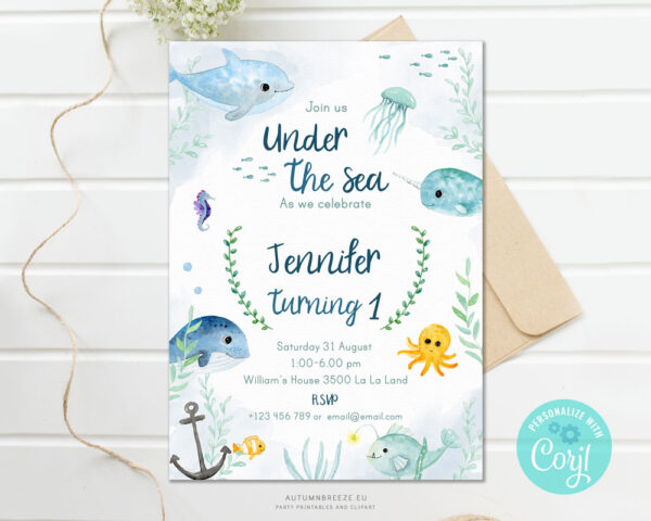 birthday invitation with cute under the sea elements and creatures