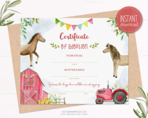farm horses printable adoption certificate