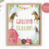 grazing station sign with farm horses illustrations