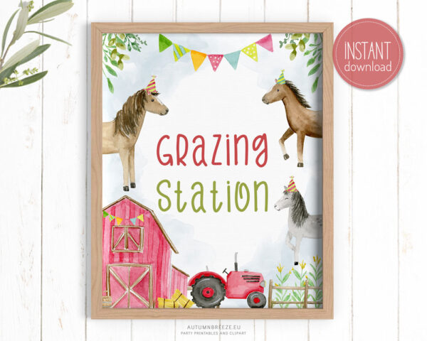 grazing station sign with farm horses illustrations