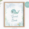 Hand-painted watercolor baby whale sign for guest book table”