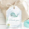 Hand-painted editable baby whale tag for party favors”