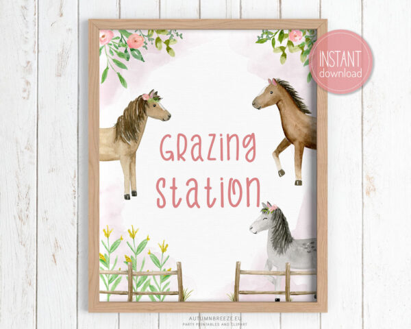 printable grazing station sign with horses theme for birthday party