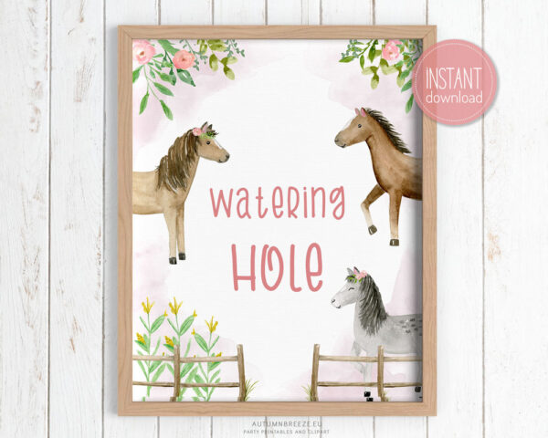 printable watering hole sign with horses
