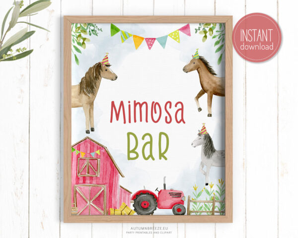 printable mimosa bar sign with farm horses
