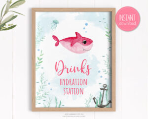 hydration station drink sign with pink baby shark