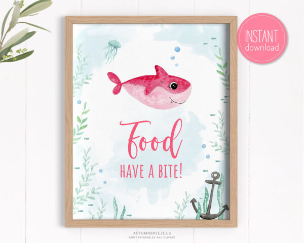 printable food sign with pink baby shark illustration