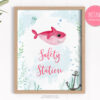 printable safety station sign with pink shark