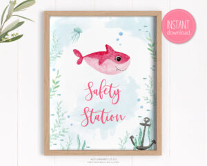 printable safety station sign with pink shark