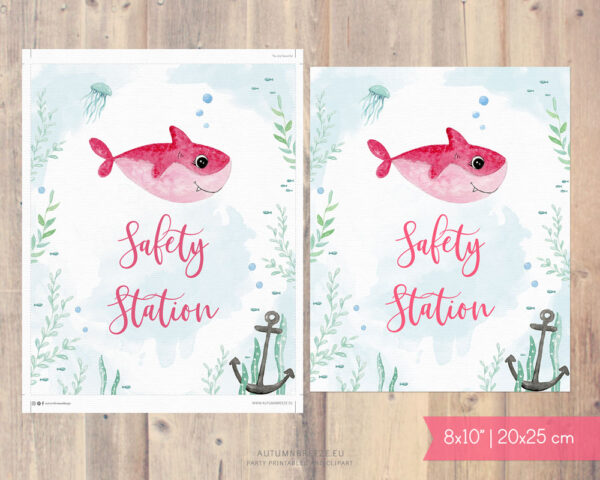 printable safety station sign with pink shark