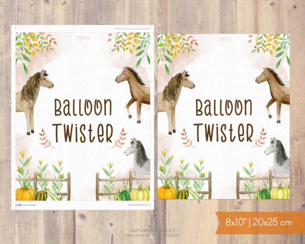 Balloon sign for an autumn and hoses theme, birthday decoration. This 8x10 in printable sign has beautiful fall illustrations such as pumpkins, horses, and more.