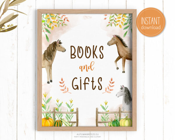 books and gifts sign with fall horses