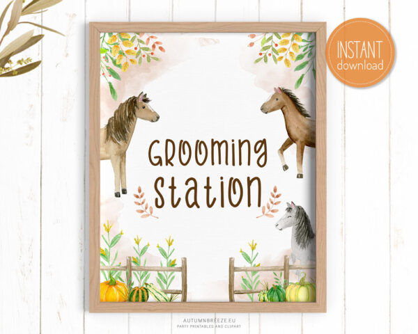 grooming station sign with fall horses