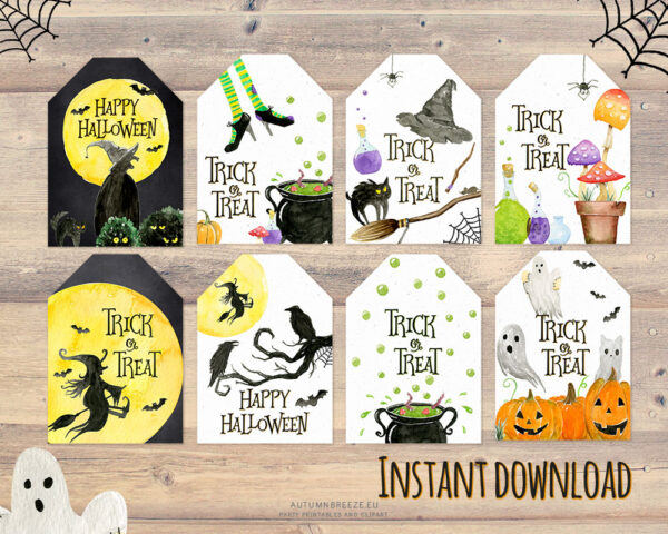halloween printable tags with spooky illustrations