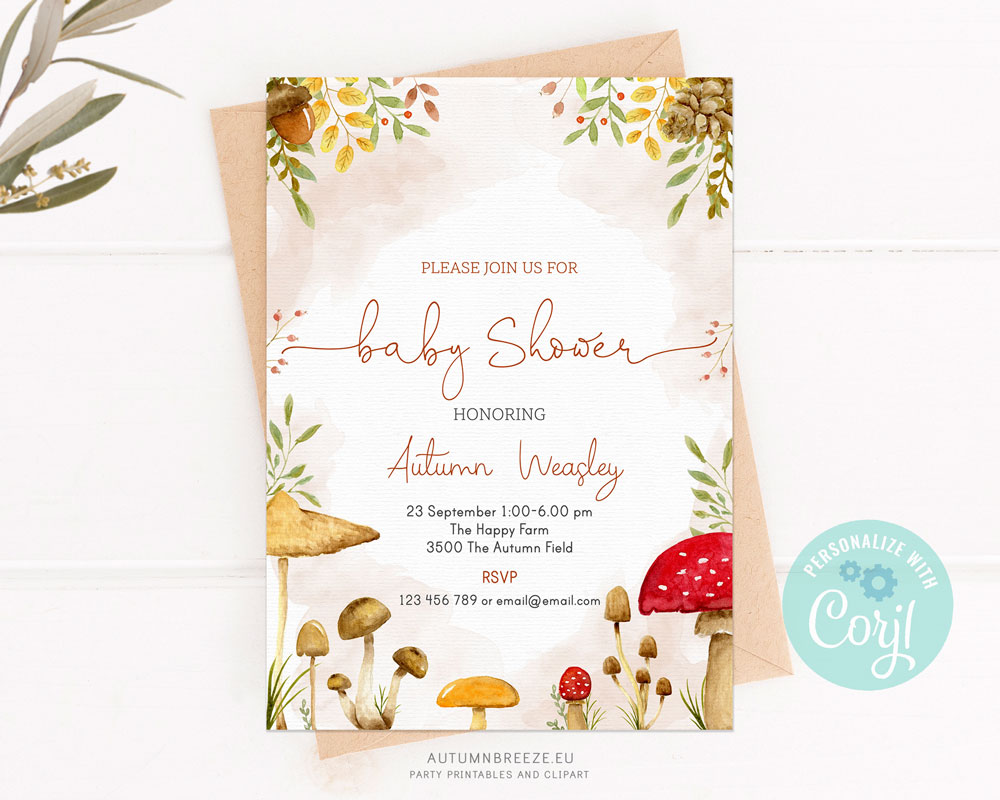 mushroom baby shower invitation template 5x7 in