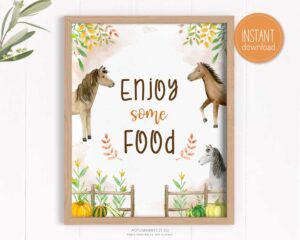 Enjoy some food sign for an autumn and hoses theme, birthday decoration. This 8x10 in printable sign has beautiful fall illustrations such as pumpkins, horses, and more.