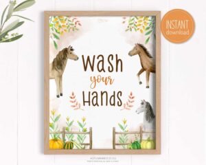 wash your hands sign for an autumn and hoses theme, birthday decoration. This 8x10 in printable sign has beautiful fall illustrations such as pumpkins, horses, and more.