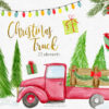 Hand-painted red Christmas truck with tree PNG clipart